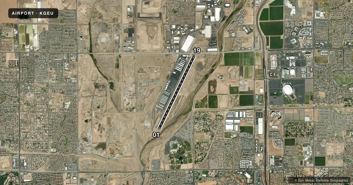 Top-down satellite sketch of KGEU GLENDALE RGNL in GLENDALE, ARIZONA, showing runways 01/19 drawn to scale over Esri World Imagery
