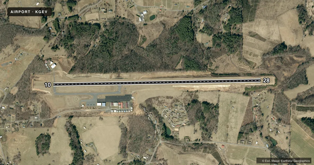 Top-down satellite sketch of KGEV ASHE COUNTY in JEFFERSON, NORTH CAROLINA, showing runways 10/28 drawn to scale over Esri World Imagery