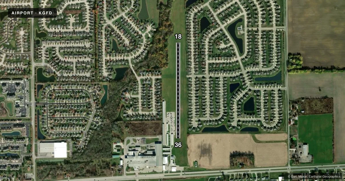 Top-down satellite sketch of KGFD POPE FLD in GREENFIELD, INDIANA, showing runways 18/36 drawn to scale over Esri World Imagery
