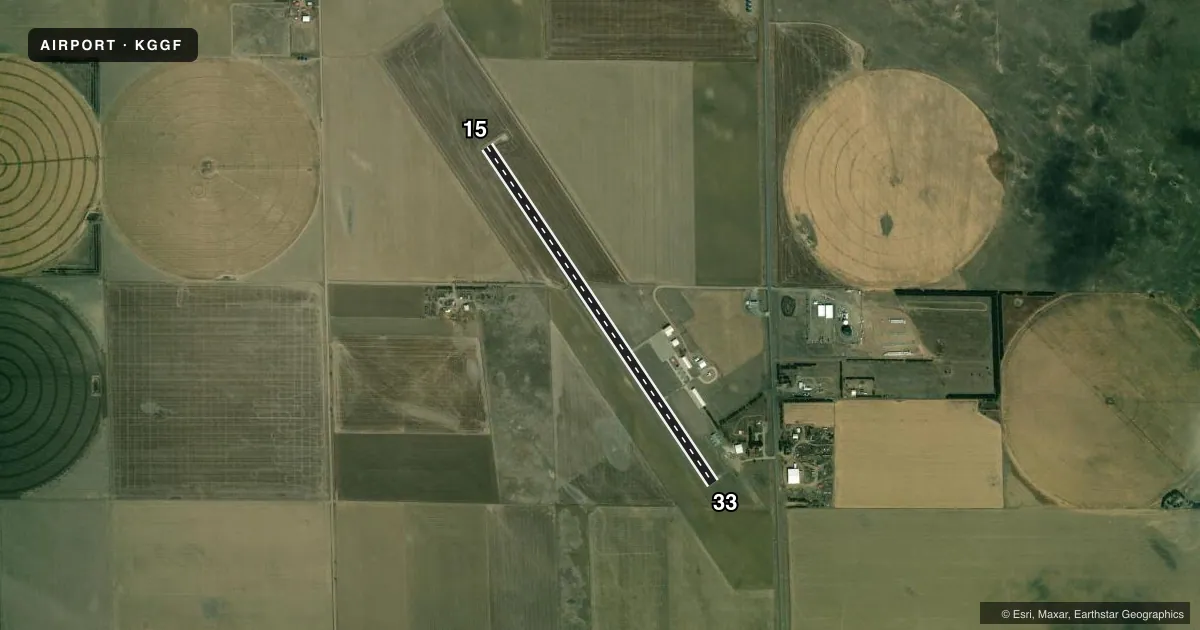 Top-down satellite sketch of KGGF GRANT MUNI in GRANT, NEBRASKA, showing runways 15/33 drawn to scale over Esri World Imagery