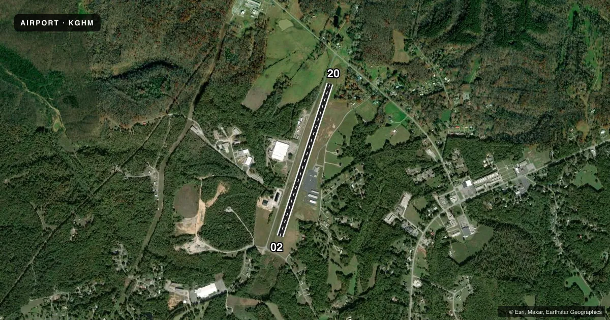 Top-down satellite sketch of KGHM CENTERVILLE MUNI in CENTERVILLE, TENNESSEE, showing runways 02/20 drawn to scale over Esri World Imagery