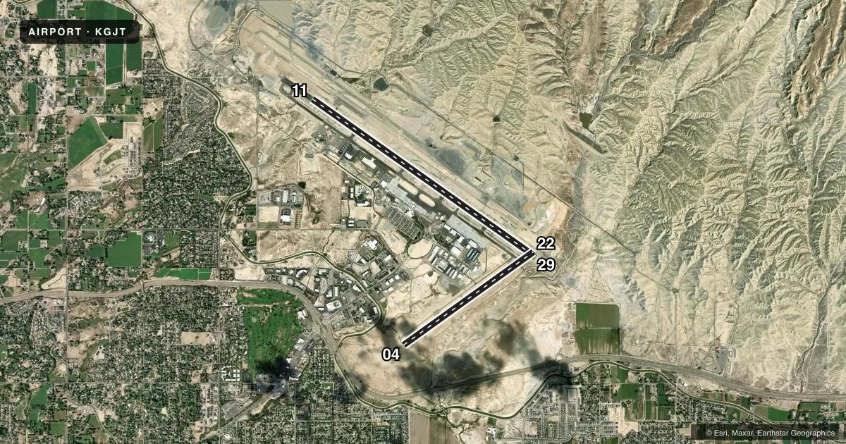 Top-down satellite sketch of KGJT GRAND JUNCTION RGNL in GRAND JUNCTION, COLORADO, showing runways 11/29, 04/22 drawn to scale over Esri World Imagery