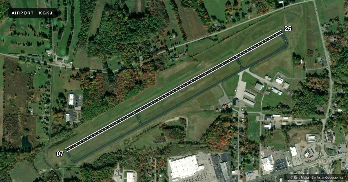 Top-down satellite sketch of KGKJ PORT MEADVILLE in MEADVILLE, PENNSYLVANIA, showing runways 07/25 drawn to scale over Esri World Imagery