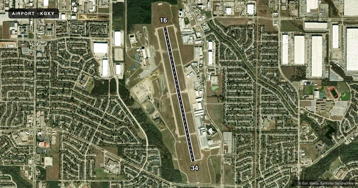 Top-down satellite sketch of KGKY ARLINGTON MUNI in ARLINGTON, TEXAS, showing runways 16/34 drawn to scale over Esri World Imagery