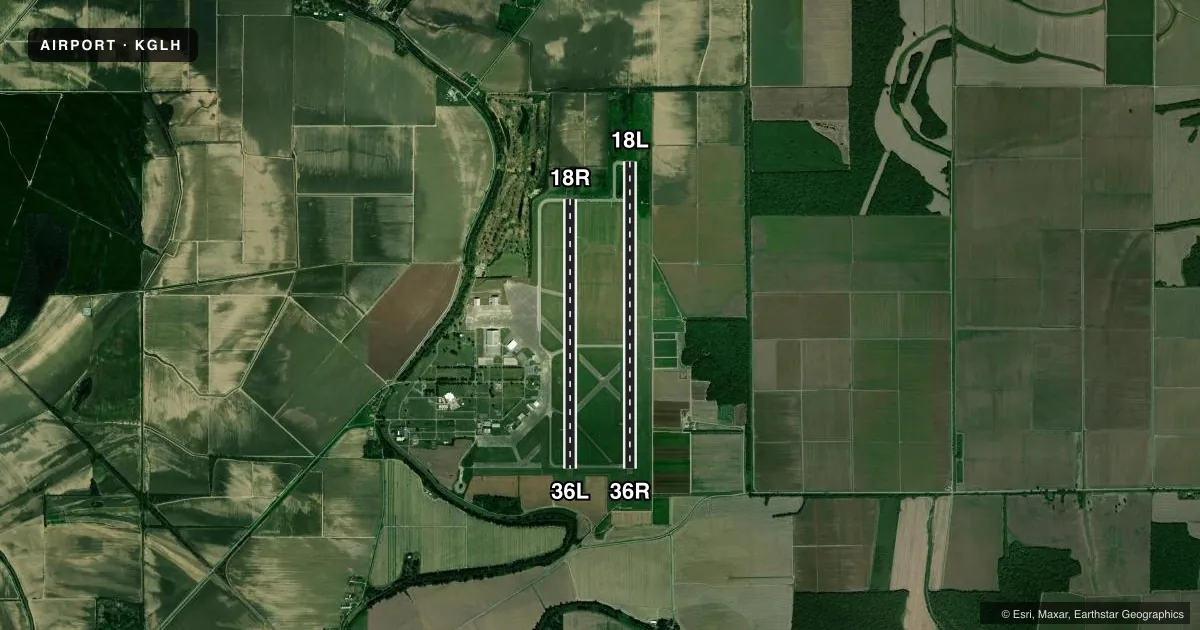 Top-down satellite sketch of KGLH GREENVILLE MID-DELTA in GREENVILLE, MISSISSIPPI, showing runways 18L/36R, 18R/36L drawn to scale over Esri World Imagery