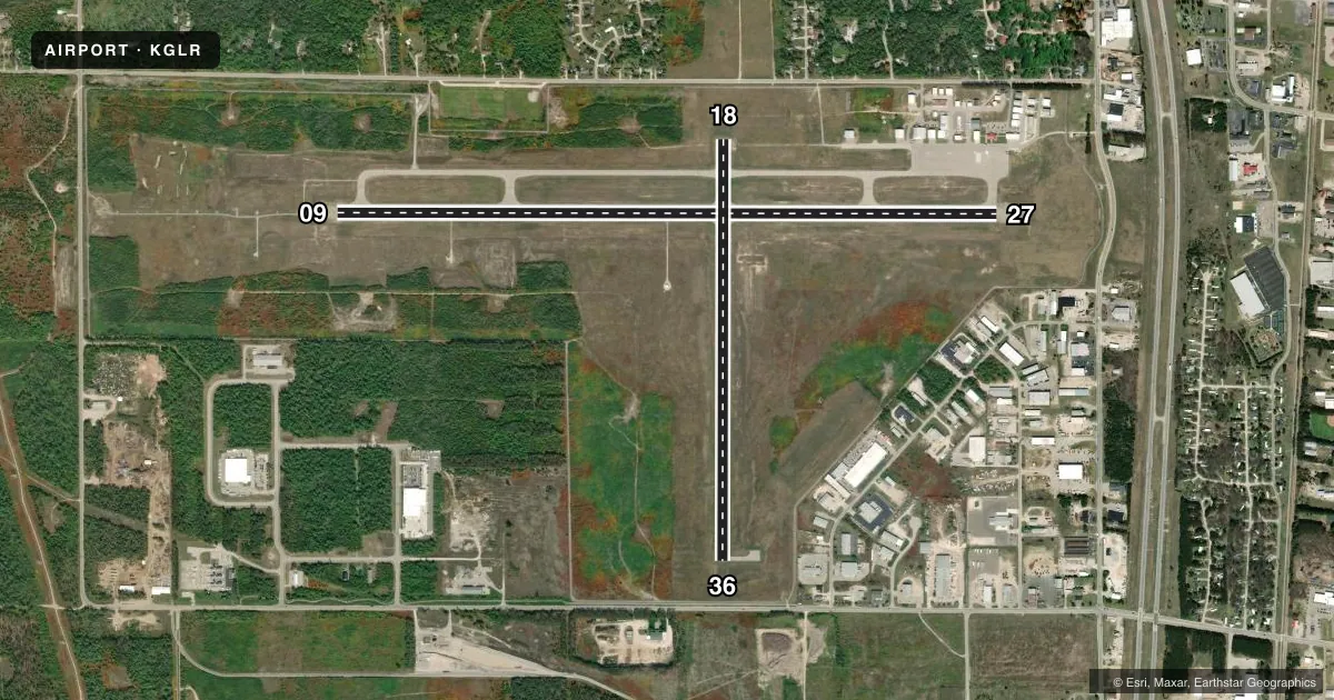 Top-down satellite sketch of KGLR GAYLORD RGNL in GAYLORD, MICHIGAN, showing runways 09/27, 18/36 drawn to scale over Esri World Imagery
