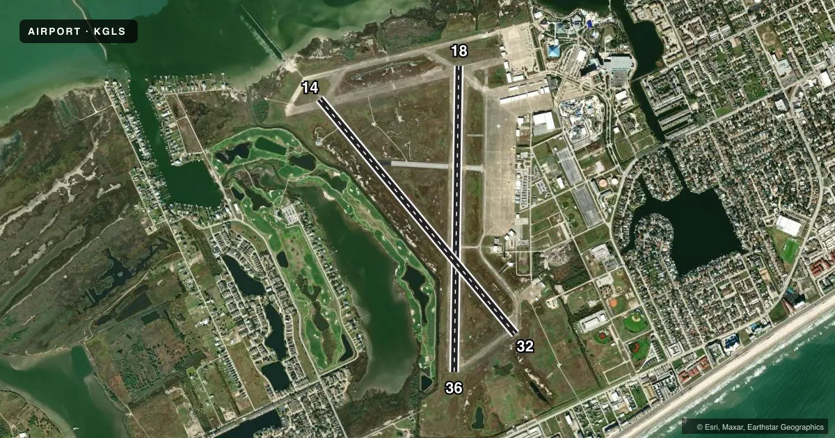 Top-down satellite sketch of KGLS SCHOLES INTL AT GALVESTON in GALVESTON, TEXAS, showing runways 18/36, 14/32 drawn to scale over Esri World Imagery