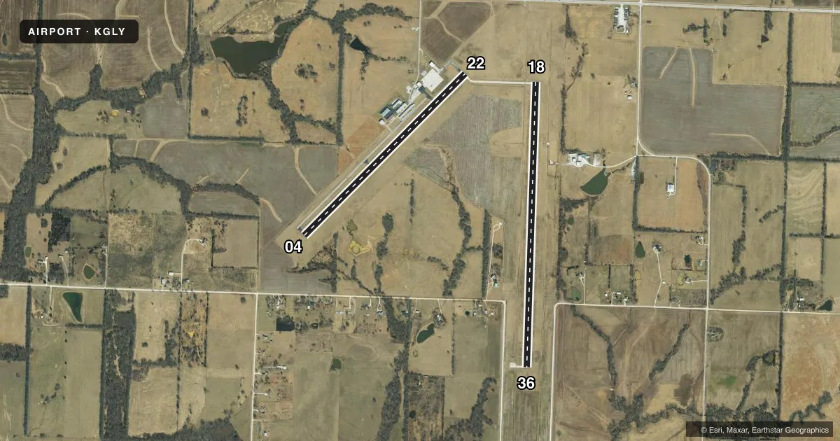 Top-down satellite sketch of KGLY CLINTON RGNL in CLINTON, MISSOURI, showing runways 18/36, 04/22 drawn to scale over Esri World Imagery