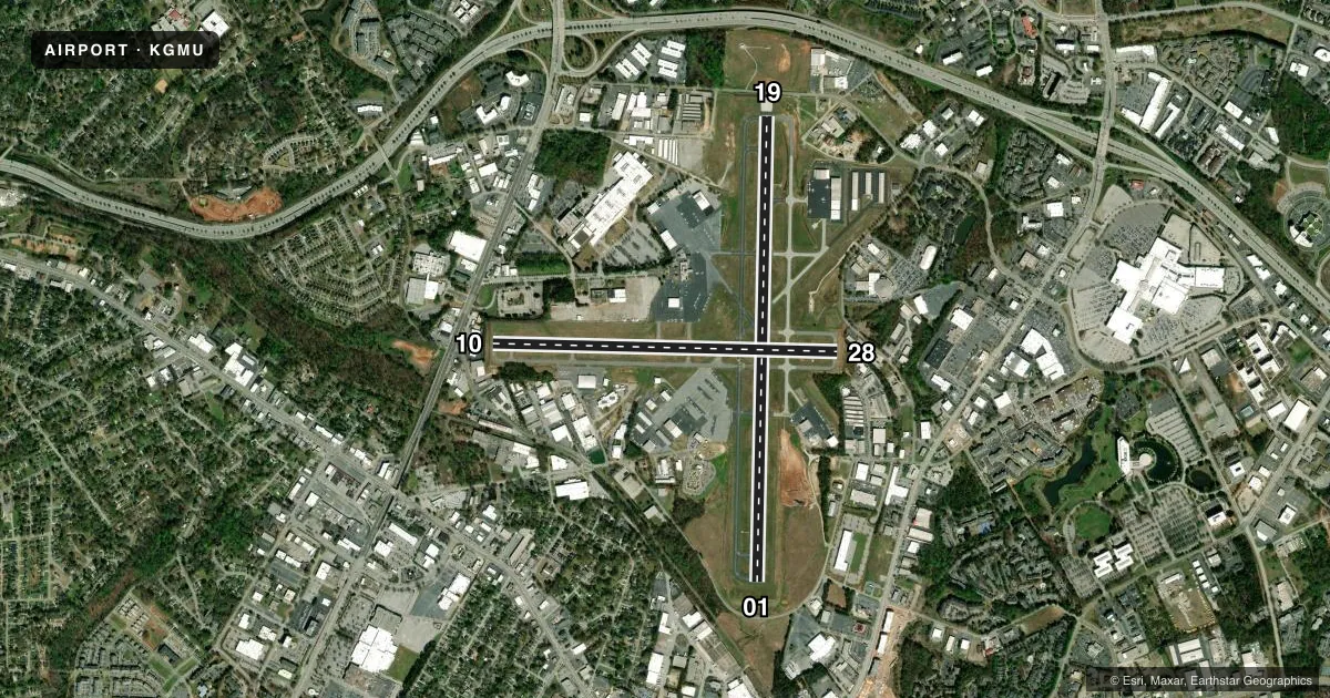 Top-down satellite sketch of KGMU GREENVILLE DOWNTOWN in GREENVILLE, SOUTH CAROLINA, showing runways 01/19, 10/28 drawn to scale over Esri World Imagery