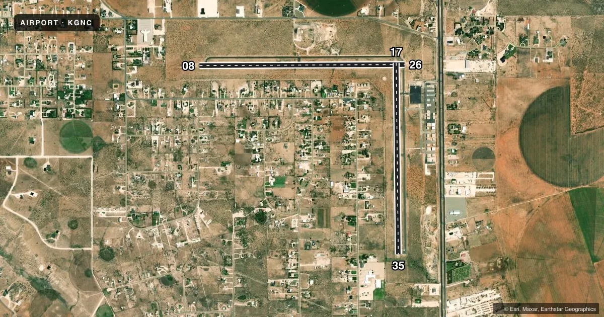 Top-down satellite sketch of KGNC GAINES COUNTY in SEMINOLE, TEXAS, showing runways 08/26, 17/35 drawn to scale over Esri World Imagery