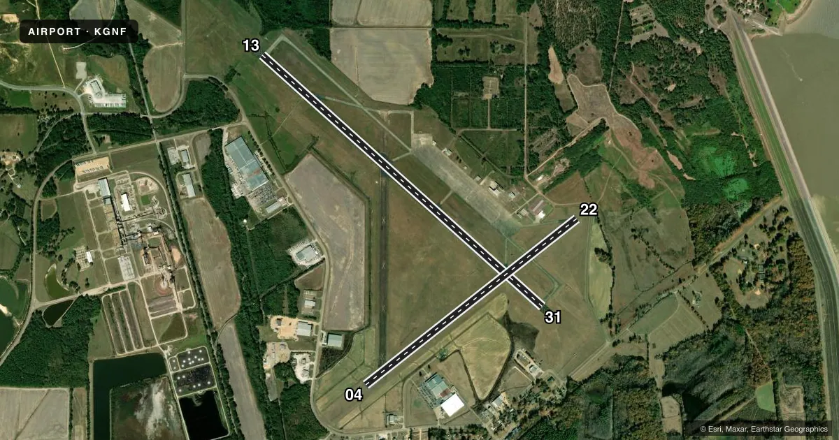 Top-down satellite sketch of KGNF GRENADA MUNI in GRENADA, MISSISSIPPI, showing runways 13/31, 04/22 drawn to scale over Esri World Imagery
