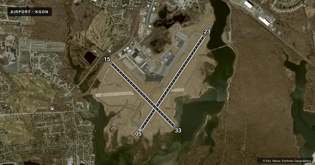 Top-down satellite sketch of KGON GROTON-NEW LONDON in GROTON (NEW LONDON), CONNECTICUT, showing runways 05/23, 15/33 drawn to scale over Esri World Imagery