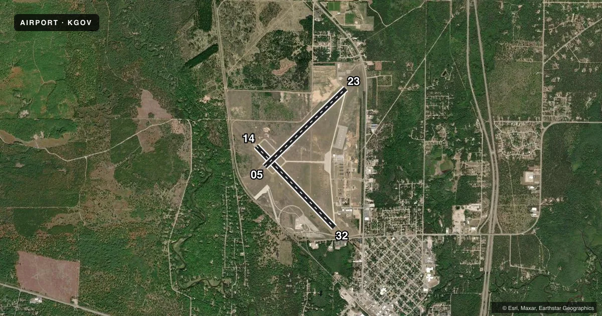 Top-down satellite sketch of KGOV GRAYLING AAF in GRAYLING, MICHIGAN, showing runways 14/32, 05/23 drawn to scale over Esri World Imagery
