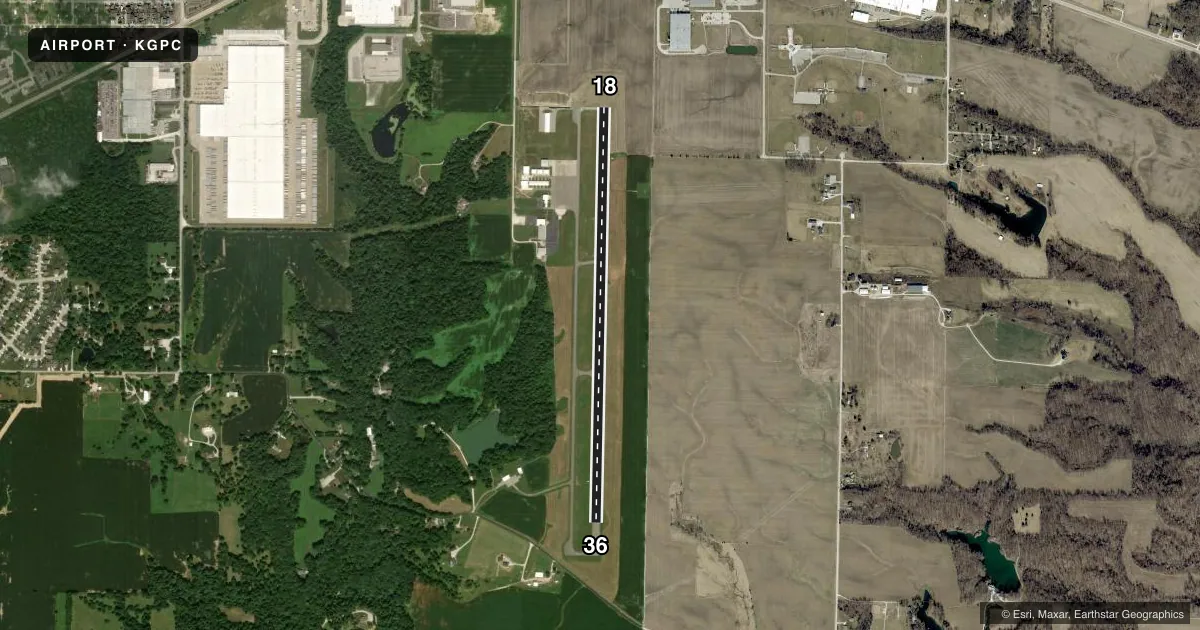 Top-down satellite sketch of KGPC PUTNAM COUNTY RGNL in GREENCASTLE, INDIANA, showing runways 18/36 drawn to scale over Esri World Imagery