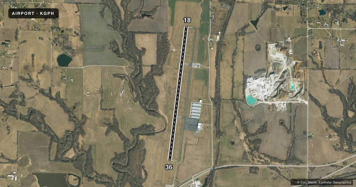Top-down satellite sketch of KGPH MIDWEST NTL AIR CENTER in MOSBY, MISSOURI, showing runways 18/36 drawn to scale over Esri World Imagery