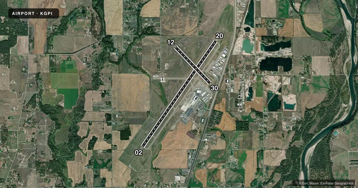 Top-down satellite sketch of KGPI GLACIER PARK INTL in KALISPELL, MONTANA, showing runways 02/20, 12/30 drawn to scale over Esri World Imagery