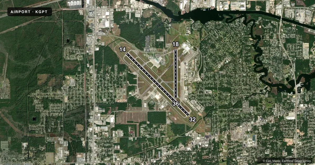 Top-down satellite sketch of KGPT GULFPORT-BILOXI INTL in GULFPORT, MISSISSIPPI, showing runways 14/32, 18/36 drawn to scale over Esri World Imagery