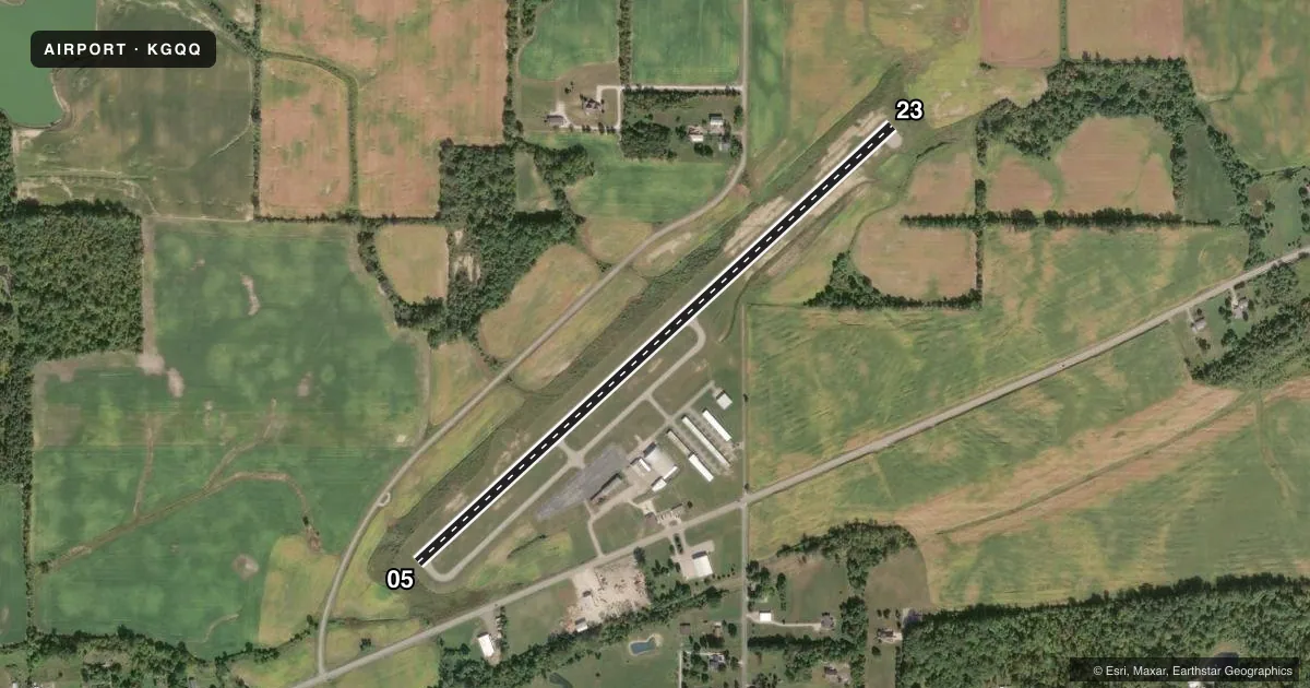 Top-down satellite sketch of KGQQ GALION MUNI in GALION, OHIO, showing runways 05/23 drawn to scale over Esri World Imagery