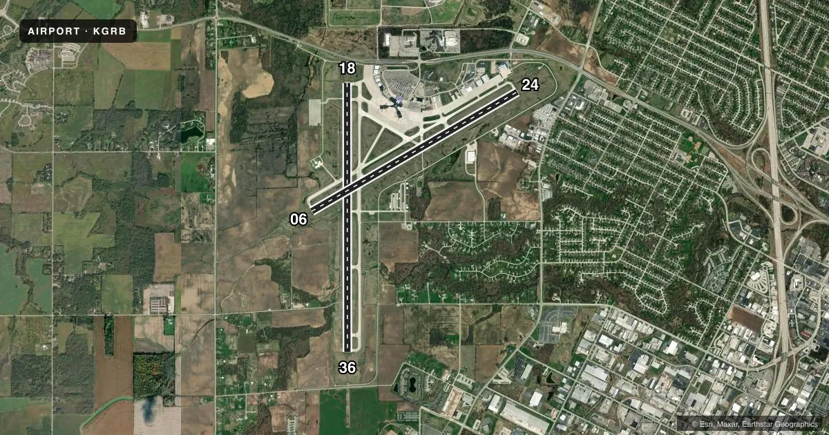 Top-down satellite sketch of KGRB GREEN BAY/AUSTIN STRAUBEL INTL in GREEN BAY, WISCONSIN, showing runways 18/36, 06/24 drawn to scale over Esri World Imagery