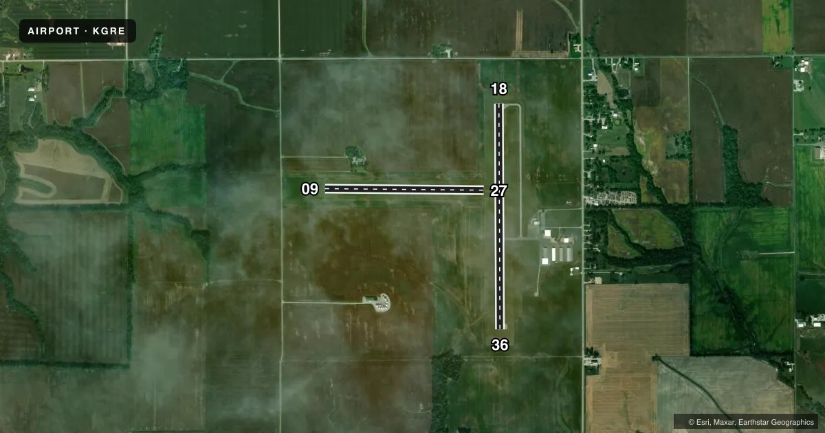 Top-down satellite sketch of KGRE GREENVILLE in GREENVILLE, ILLINOIS, showing runways 18/36, 09/27 drawn to scale over Esri World Imagery