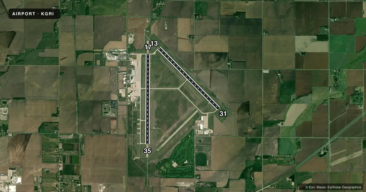 Top-down satellite sketch of KGRI CENTRAL NEBRASKA RGNL in GRAND ISLAND, NEBRASKA, showing runways 17/35, 13/31 drawn to scale over Esri World Imagery