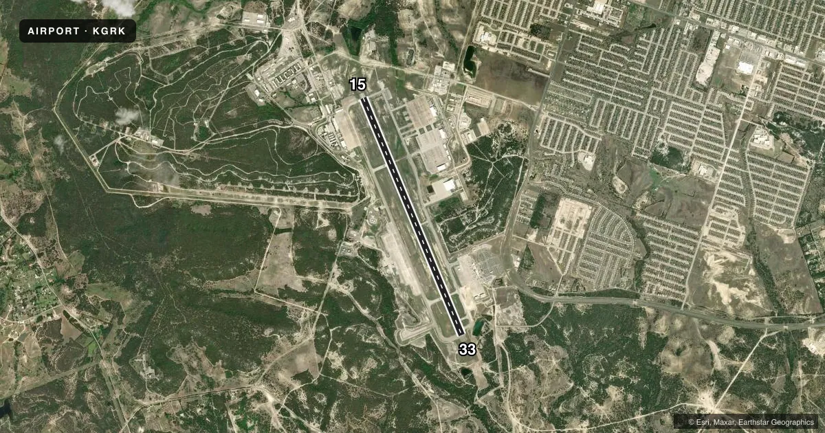 Top-down satellite sketch of KGRK ROBERT GRAY AAF in FORT HOOD (KILLEEN), TEXAS, showing runways 15/33 drawn to scale over Esri World Imagery