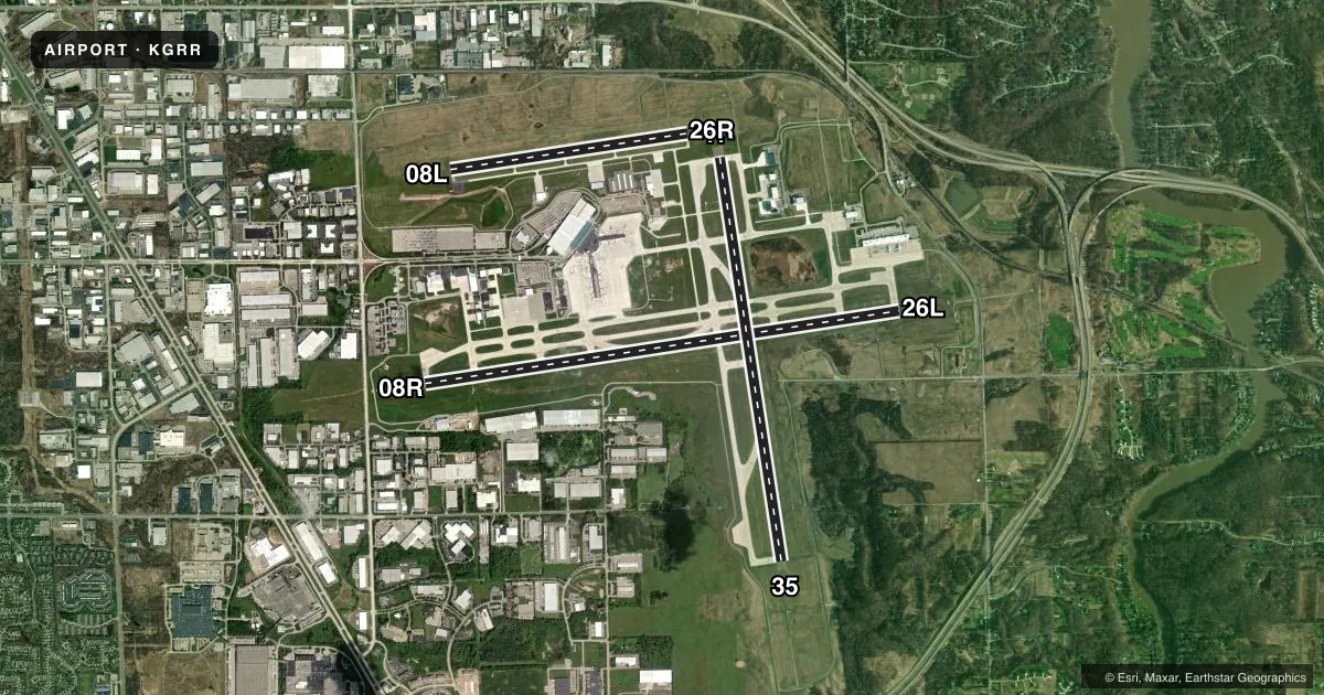 Top-down satellite sketch of KGRR GERALD R FORD INTL in GRAND RAPIDS, MICHIGAN, showing runways 08R/26L, 17/35, 08L/26R drawn to scale over Esri World Imagery