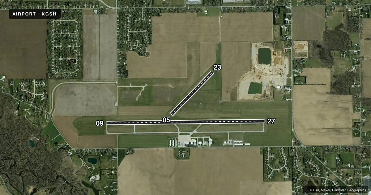 Top-down satellite sketch of KGSH GOSHEN MUNI in GOSHEN, INDIANA, showing runways 09/27, 05/23 drawn to scale over Esri World Imagery