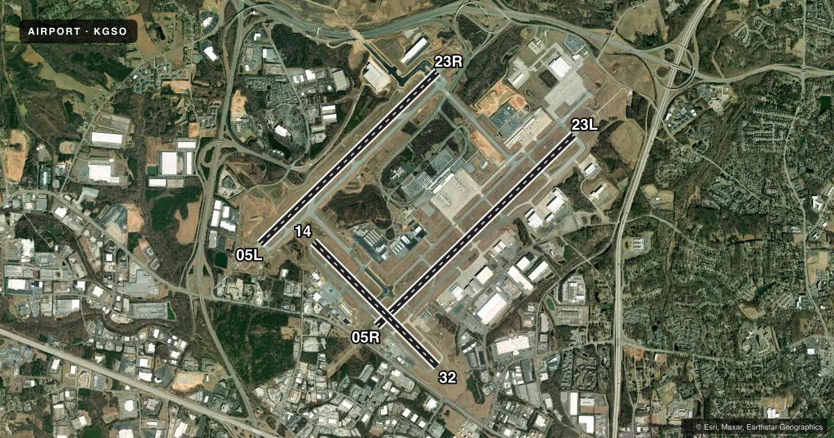 Top-down satellite sketch of KGSO PIEDMONT TRIAD INTL in GREENSBORO, NORTH CAROLINA, showing runways 05R/23L, 05L/23R, 14/32 drawn to scale over Esri World Imagery