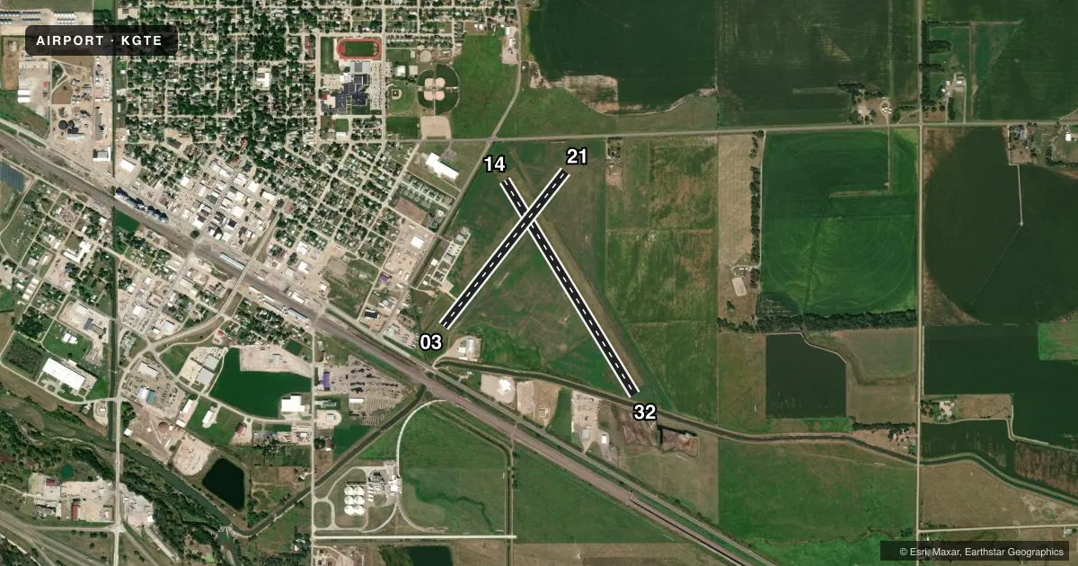 Top-down satellite sketch of KGTE GOTHENBURG MUNI in GOTHENBURG, NEBRASKA, showing runways 14/32, 03/21 drawn to scale over Esri World Imagery