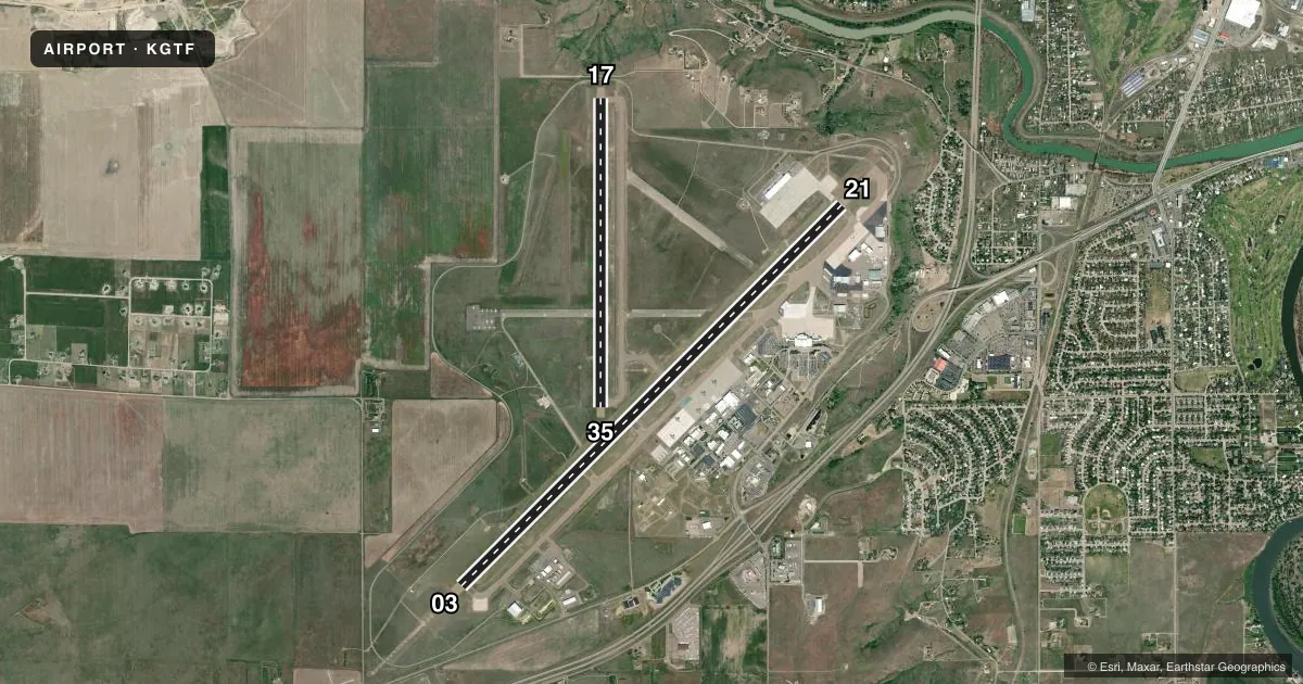 Top-down satellite sketch of KGTF GREAT FALLS INTL in GREAT FALLS, MONTANA, showing runways 03/21, 17/35 drawn to scale over Esri World Imagery