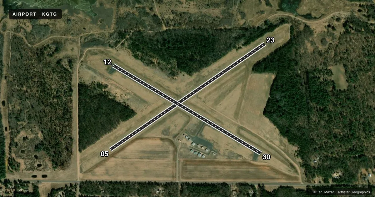 Top-down satellite sketch of KGTG GRANTSBURG MUNI in GRANTSBURG, WISCONSIN, showing runways 05/23, 12/30 drawn to scale over Esri World Imagery