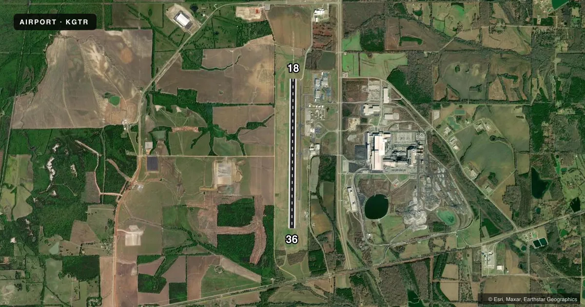 Top-down satellite sketch of KGTR GOLDEN TRIANGLE RGNL in COLUMBUS/W POINT/STARKVILLE, MISSISSIPPI, showing runways 18/36 drawn to scale over Esri World Imagery