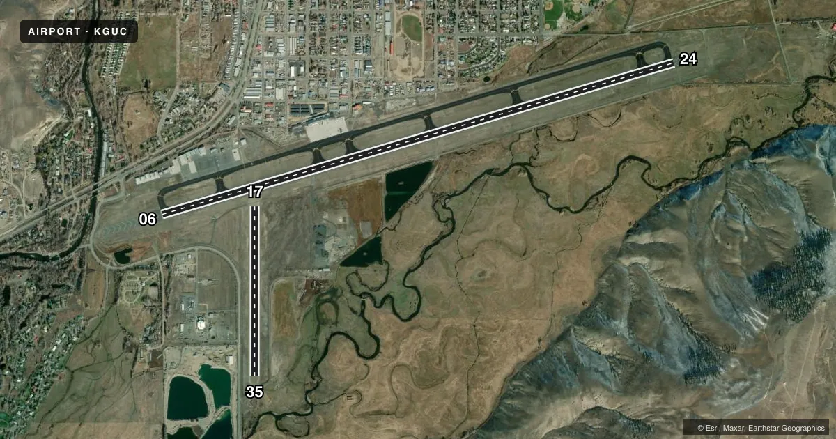 Top-down satellite sketch of KGUC GUNNISON-CRESTED BUTTE RGNL in GUNNISON, COLORADO, showing runways 06/24, 17/35 drawn to scale over Esri World Imagery