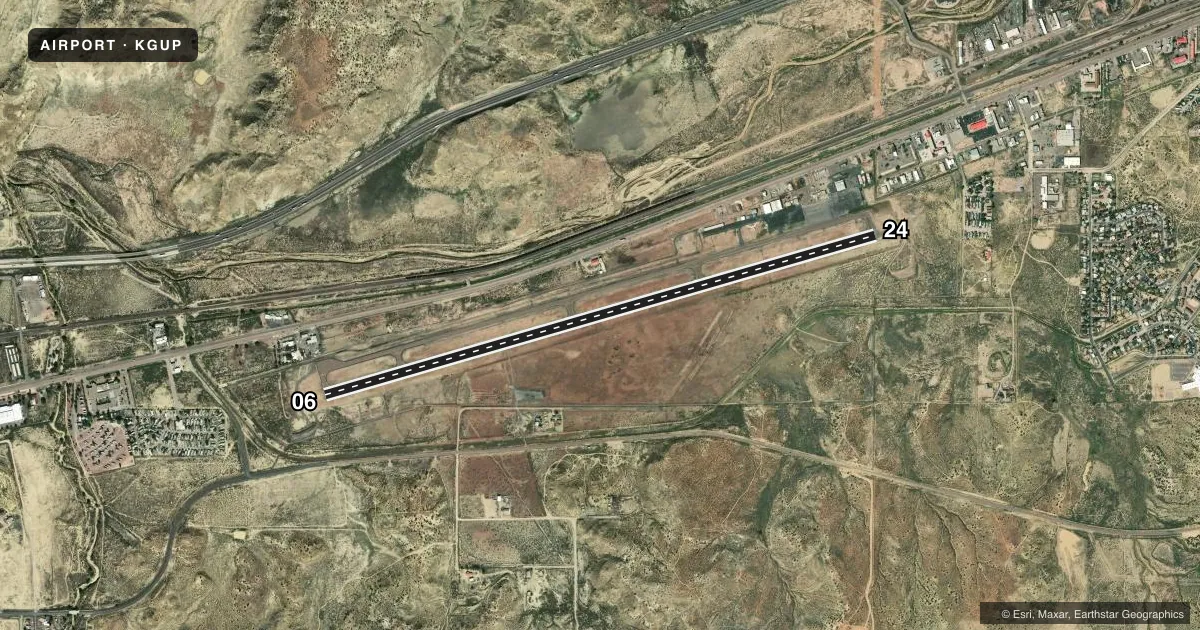 Top-down satellite sketch of KGUP GALLUP MUNI in GALLUP, NEW MEXICO, showing runways 06/24 drawn to scale over Esri World Imagery