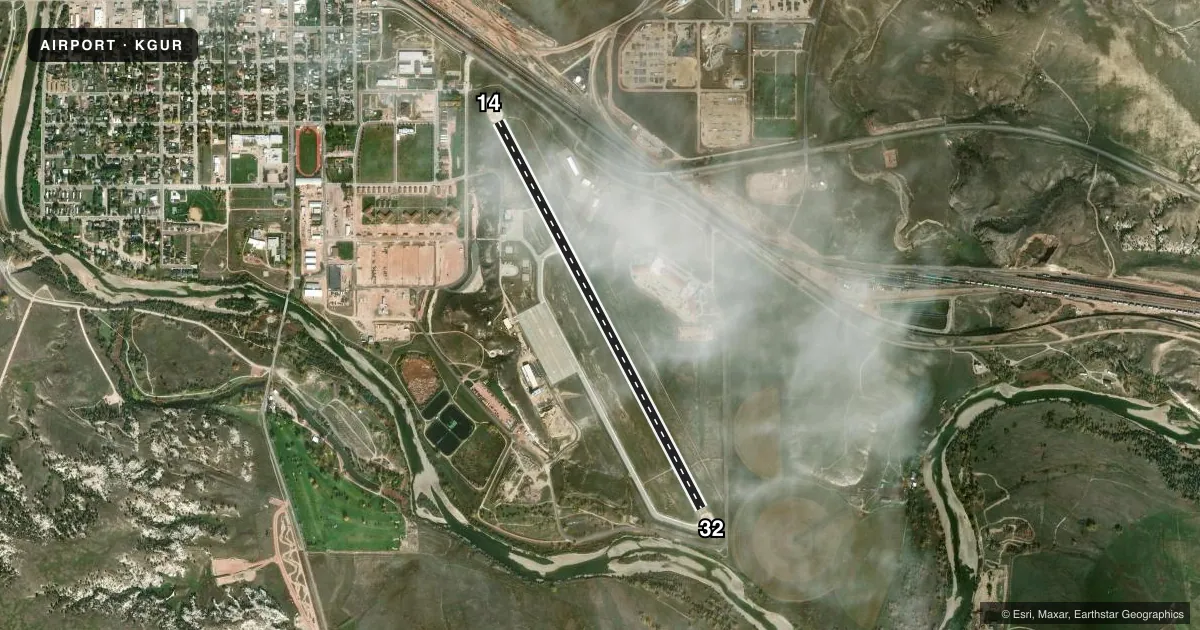 Top-down satellite sketch of KGUR CAMP GUERNSEY in GUERNSEY, WYOMING, showing runways 14/32 drawn to scale over Esri World Imagery