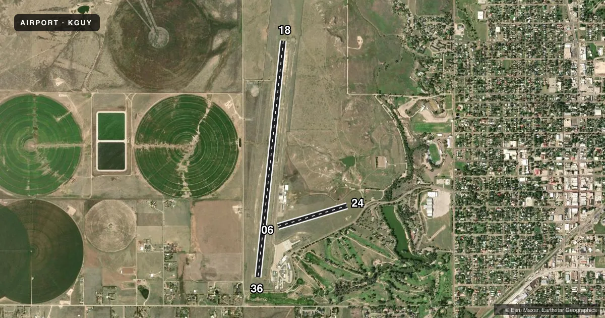 Top-down satellite sketch of KGUY GUYMON MUNI in GUYMON, OKLAHOMA, showing runways 18/36, 06/24 drawn to scale over Esri World Imagery