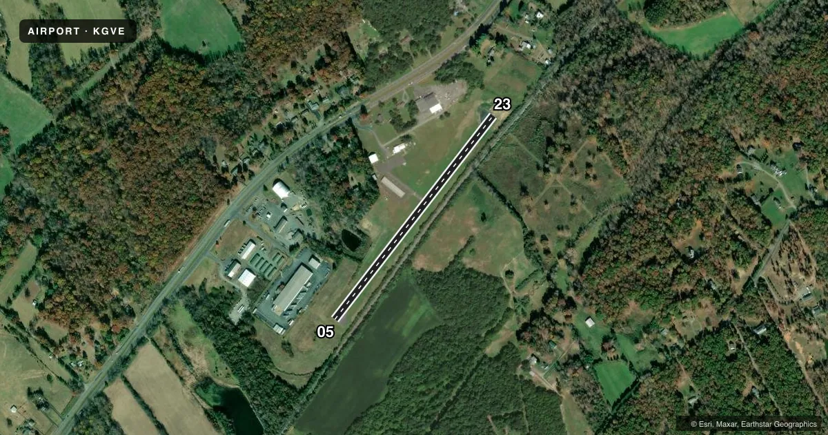 Top-down satellite sketch of KGVE GORDONSVILLE MUNI in GORDONSVILLE, VIRGINIA, showing runways 05/23 drawn to scale over Esri World Imagery