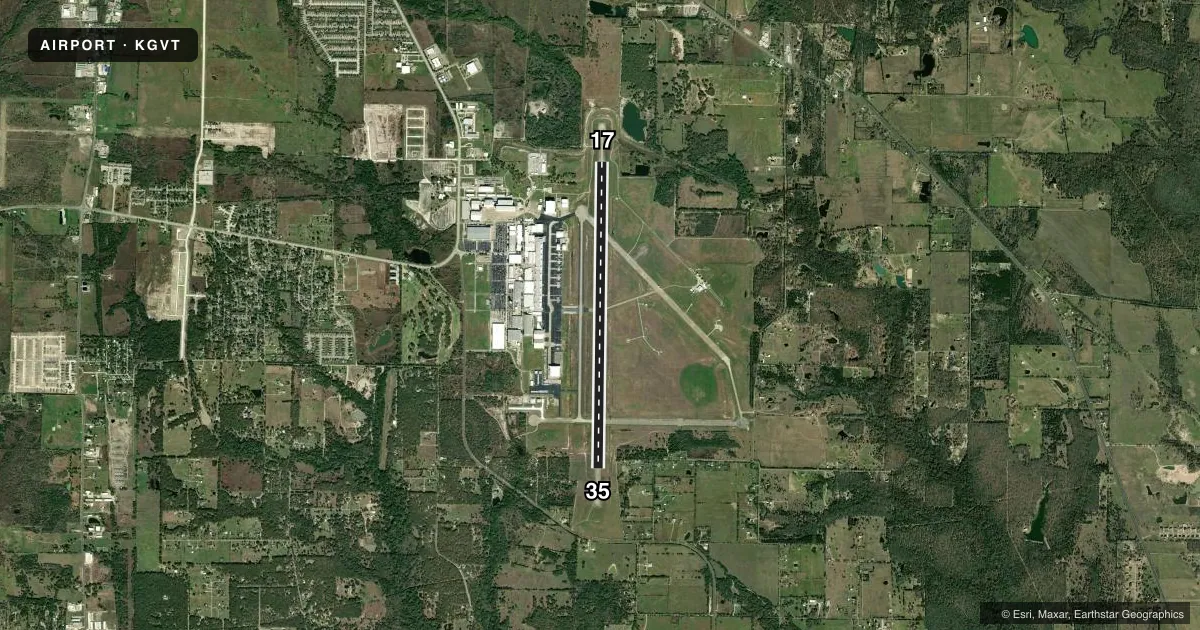Top-down satellite sketch of KGVT MAJORS in GREENVILLE, TEXAS, showing runways 17/35 drawn to scale over Esri World Imagery