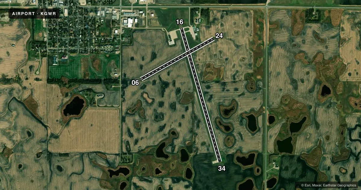 Top-down satellite sketch of KGWR GWINNER/ROGER MELROE FLD in GWINNER, NORTH DAKOTA, showing runways 16/34, 06/24 drawn to scale over Esri World Imagery