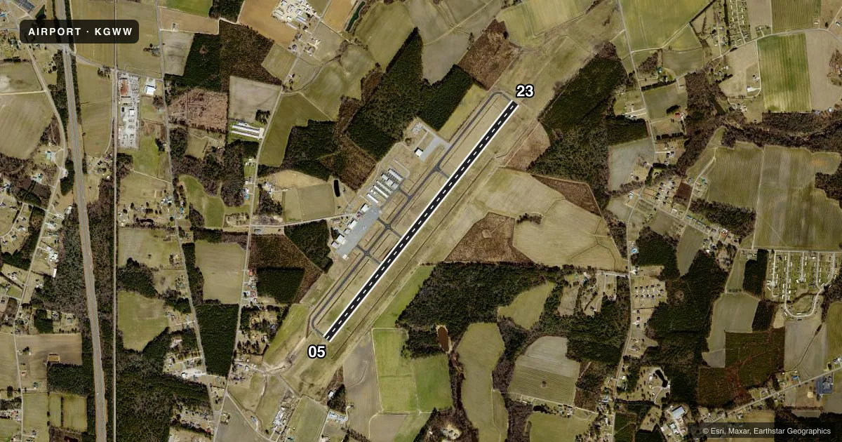 Top-down satellite sketch of KGWW WAYNE EXEC JETPORT in GOLDSBORO, NORTH CAROLINA, showing runways 05/23 drawn to scale over Esri World Imagery