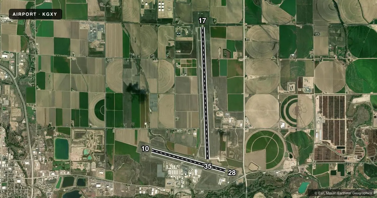 Top-down satellite sketch of KGXY GREELEY-WELD COUNTY in GREELEY, COLORADO, showing runways 17/35, 10/28 drawn to scale over Esri World Imagery