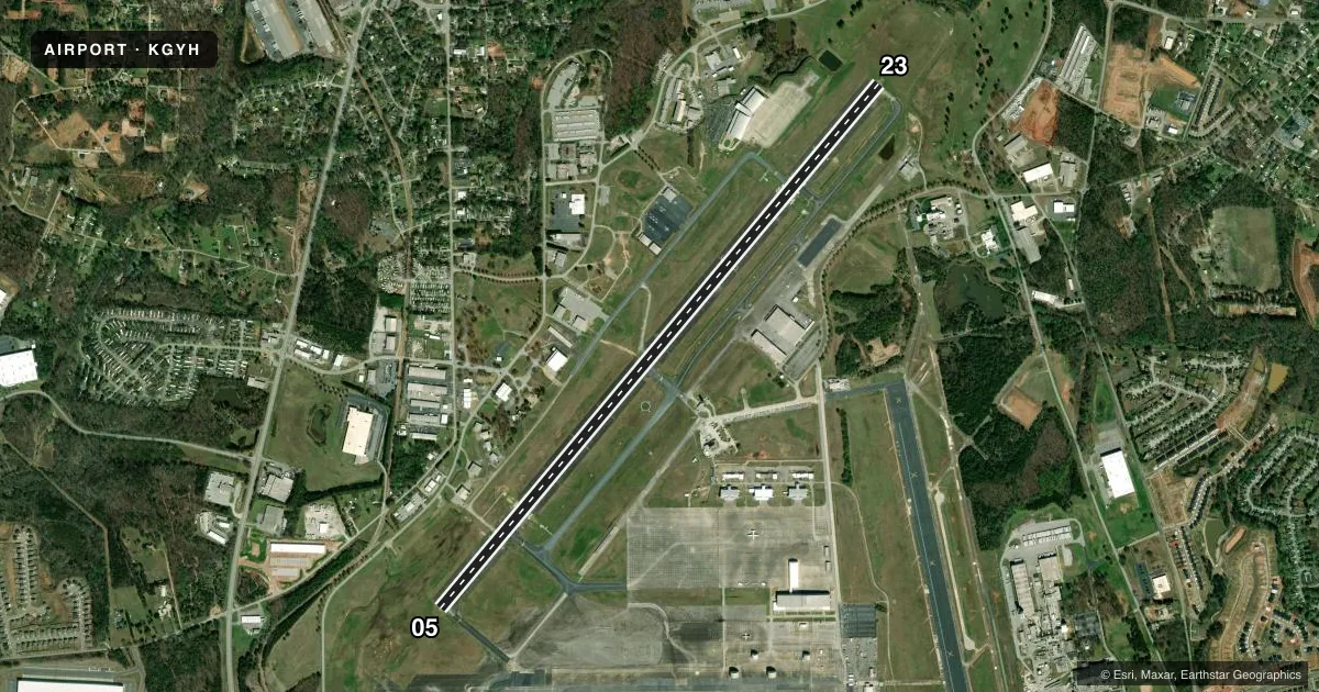 Top-down satellite sketch of KGYH DONALDSON FLD in GREENVILLE, SOUTH CAROLINA, showing runways 05/23 drawn to scale over Esri World Imagery