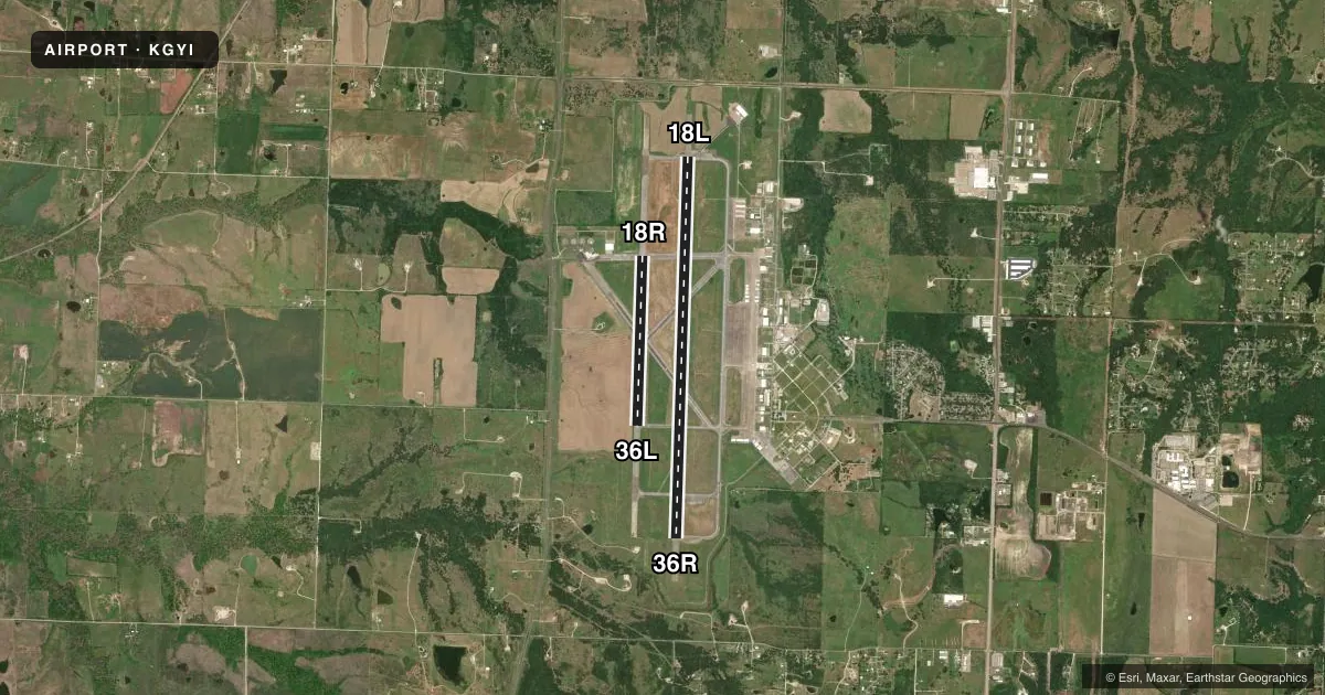 Top-down satellite sketch of KGYI NORTH TEXAS RGNL/PERRIN FLD in SHERMAN/DENISON, TEXAS, showing runways 18L/36R, 18R/36L drawn to scale over Esri World Imagery