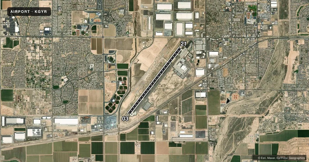 Top-down satellite sketch of KGYR PHOENIX GOODYEAR in GOODYEAR, ARIZONA, showing runways 03/21 drawn to scale over Esri World Imagery