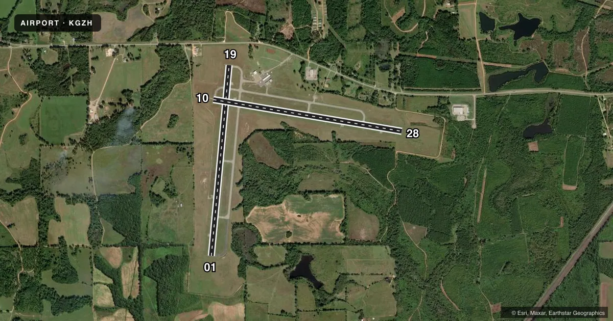 Top-down satellite sketch of KGZH EVERGREEN RGNL/MIDDLETON FLD in EVERGREEN, ALABAMA, showing runways 01/19, 10/28 drawn to scale over Esri World Imagery