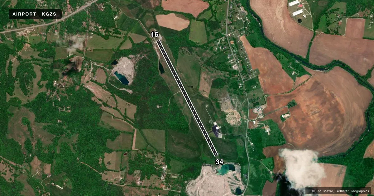 Top-down satellite sketch of KGZS ABERNATHY FLD in PULASKI, TENNESSEE, showing runways 16/34 drawn to scale over Esri World Imagery