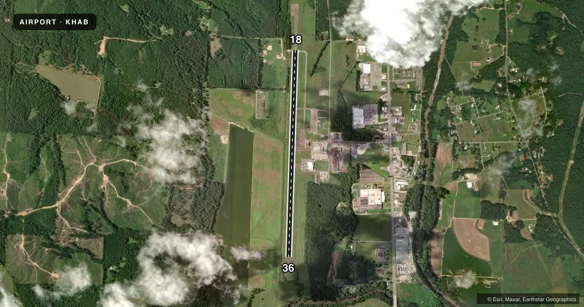 Top-down satellite sketch of KHAB MARION COUNTY-RANKIN FITE in HAMILTON, ALABAMA, showing runways 18/36 drawn to scale over Esri World Imagery