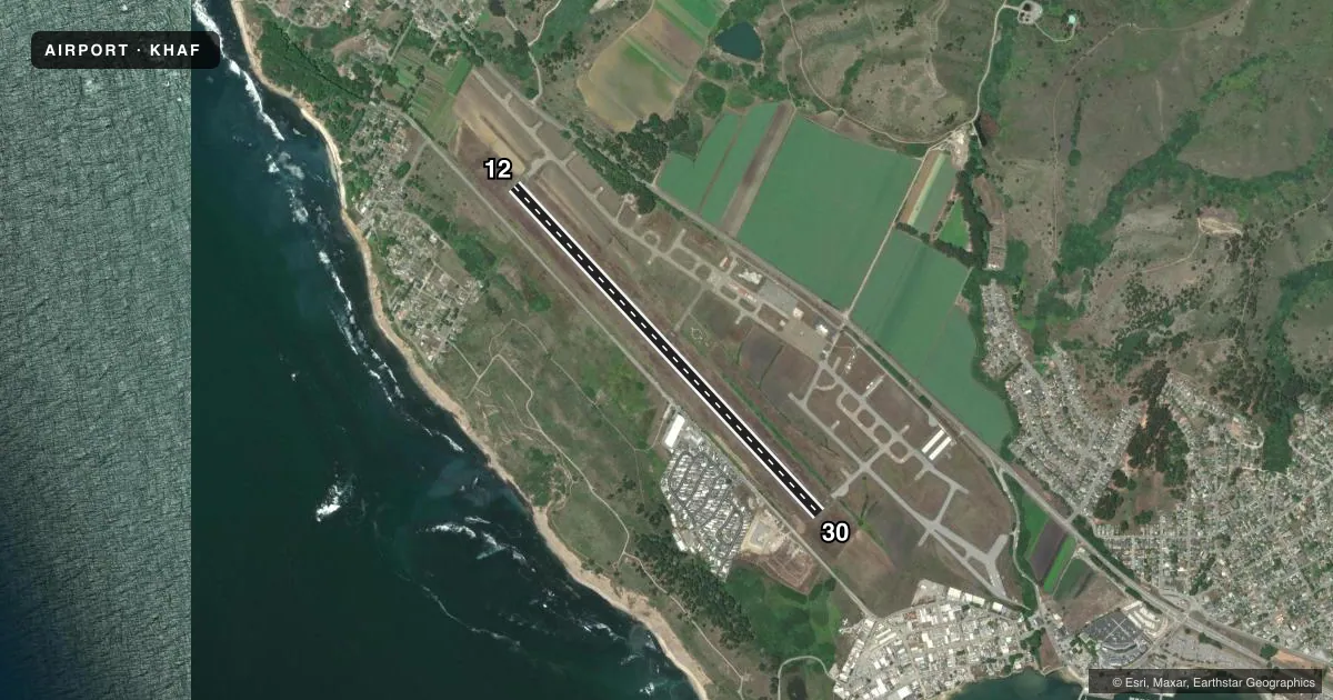 Top-down satellite sketch of KHAF HALF MOON BAY in HALF MOON BAY, CALIFORNIA, showing runways 12/30 drawn to scale over Esri World Imagery