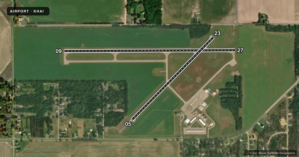 Top-down satellite sketch of KHAI THREE RIVERS MUNI/DR HAINES in THREE RIVERS, MICHIGAN, showing runways 09/27, 05/23 drawn to scale over Esri World Imagery